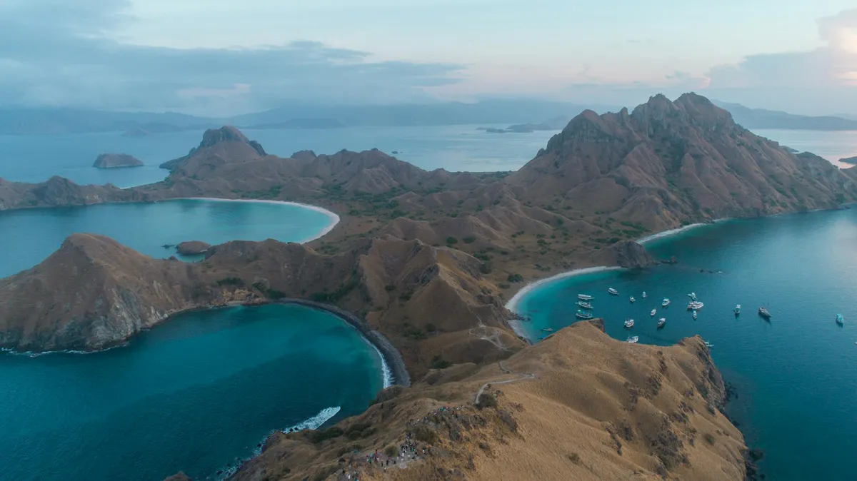 Stunning aerial view of Padar Island's unique coastline in East Nusa Tenggara, Indonesia.