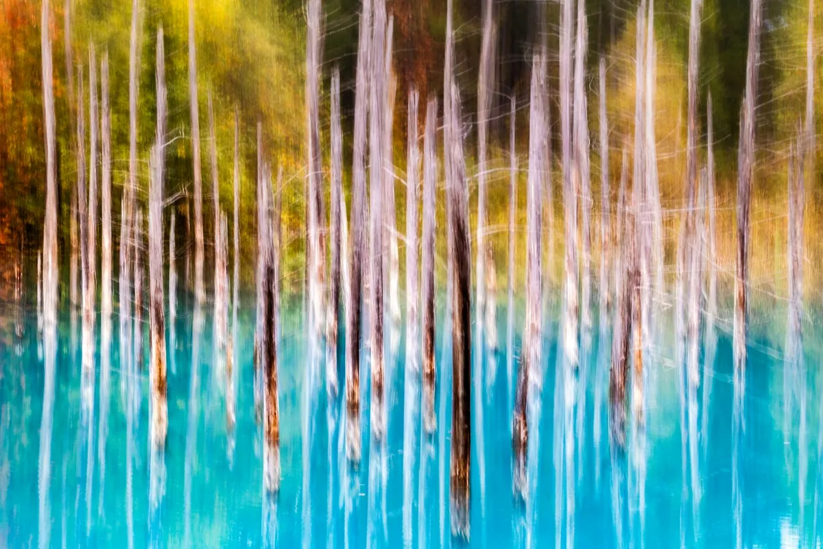 Colorful abstract view of Blue Pond in Hokkaido, Japan with vibrant autumnal reflections.