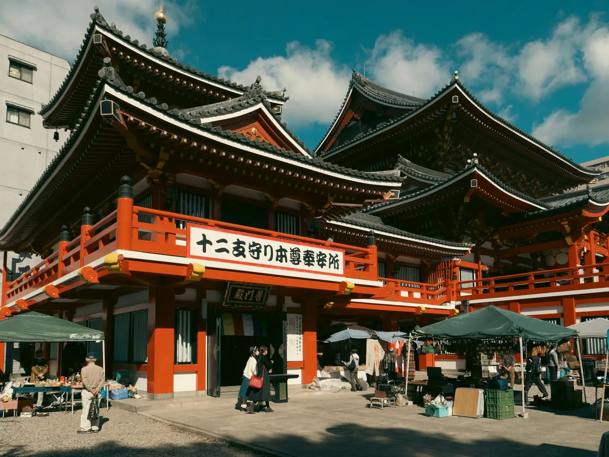 Beautiful view of Osu Kannon Temple in Nagoya, showcasing traditional Japanese architecture and urban life.