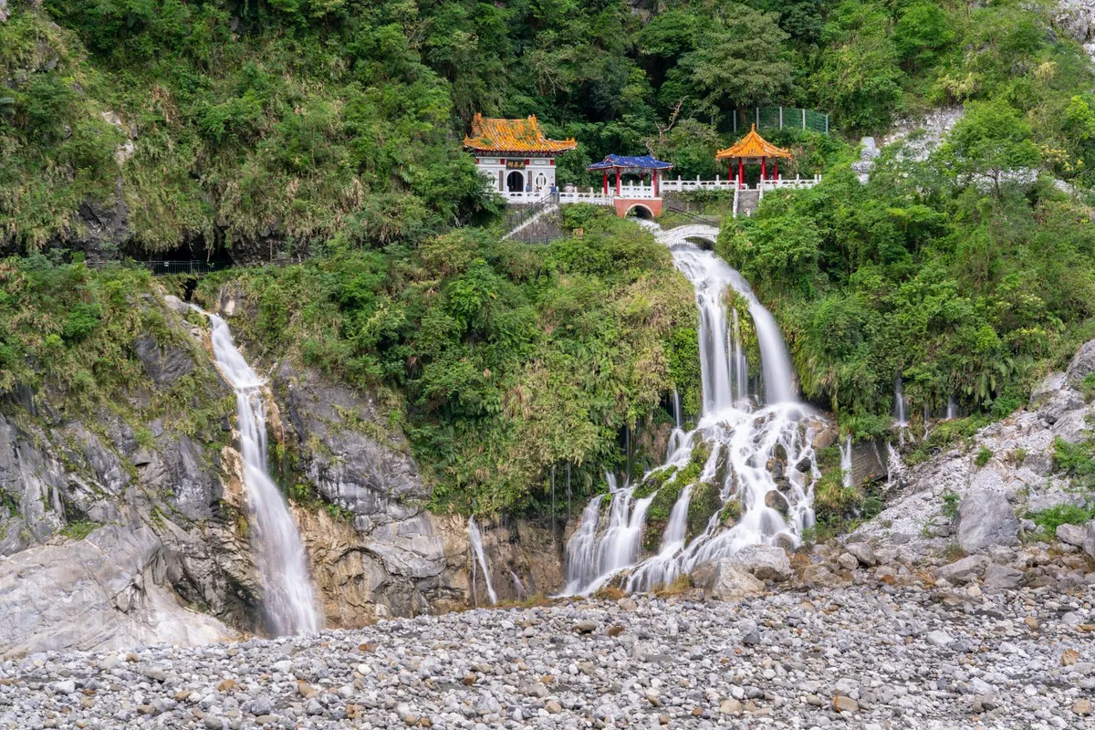 Beautiful view of waterfalls at Eternal Spring Shrine in Taroko National Park, Taiwan.