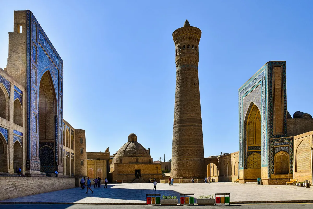 Historic Kalon Minaret with mosque in Bukhara, Uzbekistan. Stunning Islamic architecture.