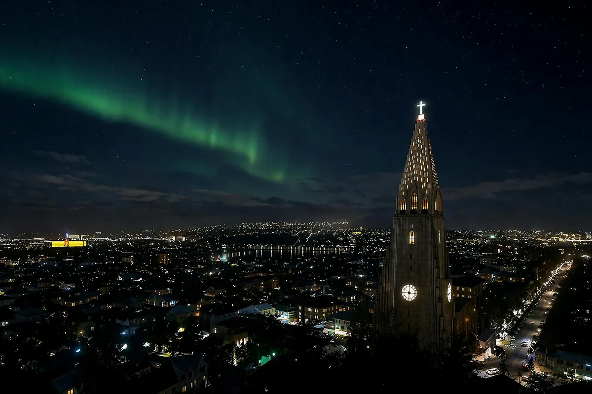 Breathtaking view of the Northern Lights over Hallgrímskirkja in Reykjavik, Iceland.