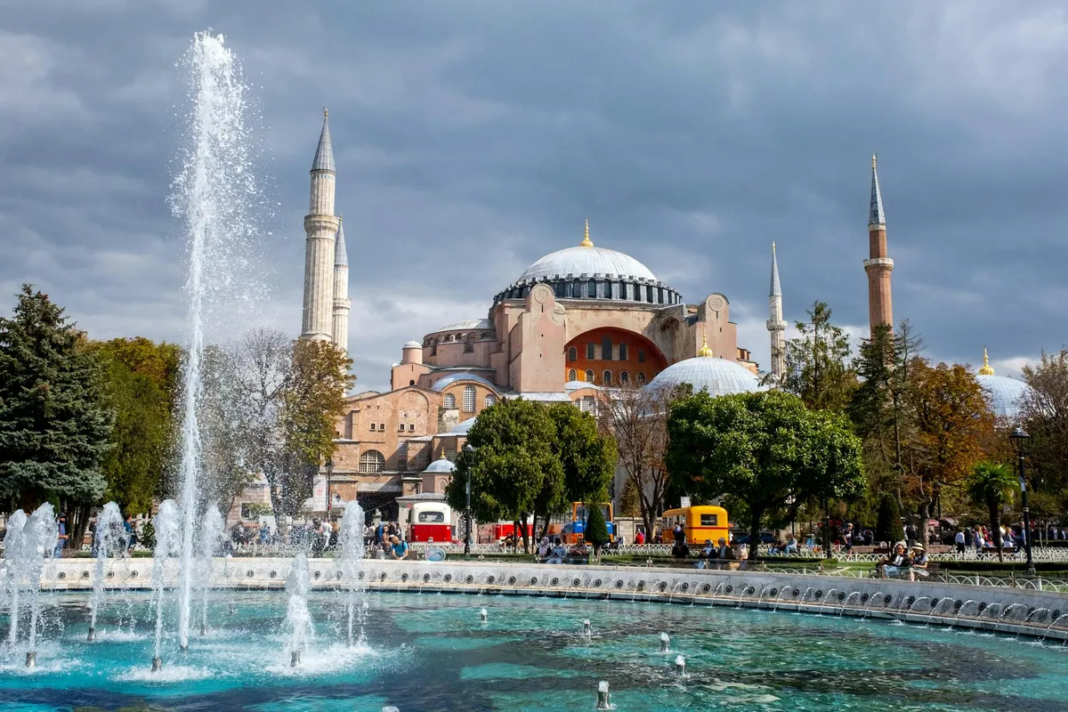 Scenic view of Hagia Sophia Grand Mosque and fountain in Istanbul, Turkey